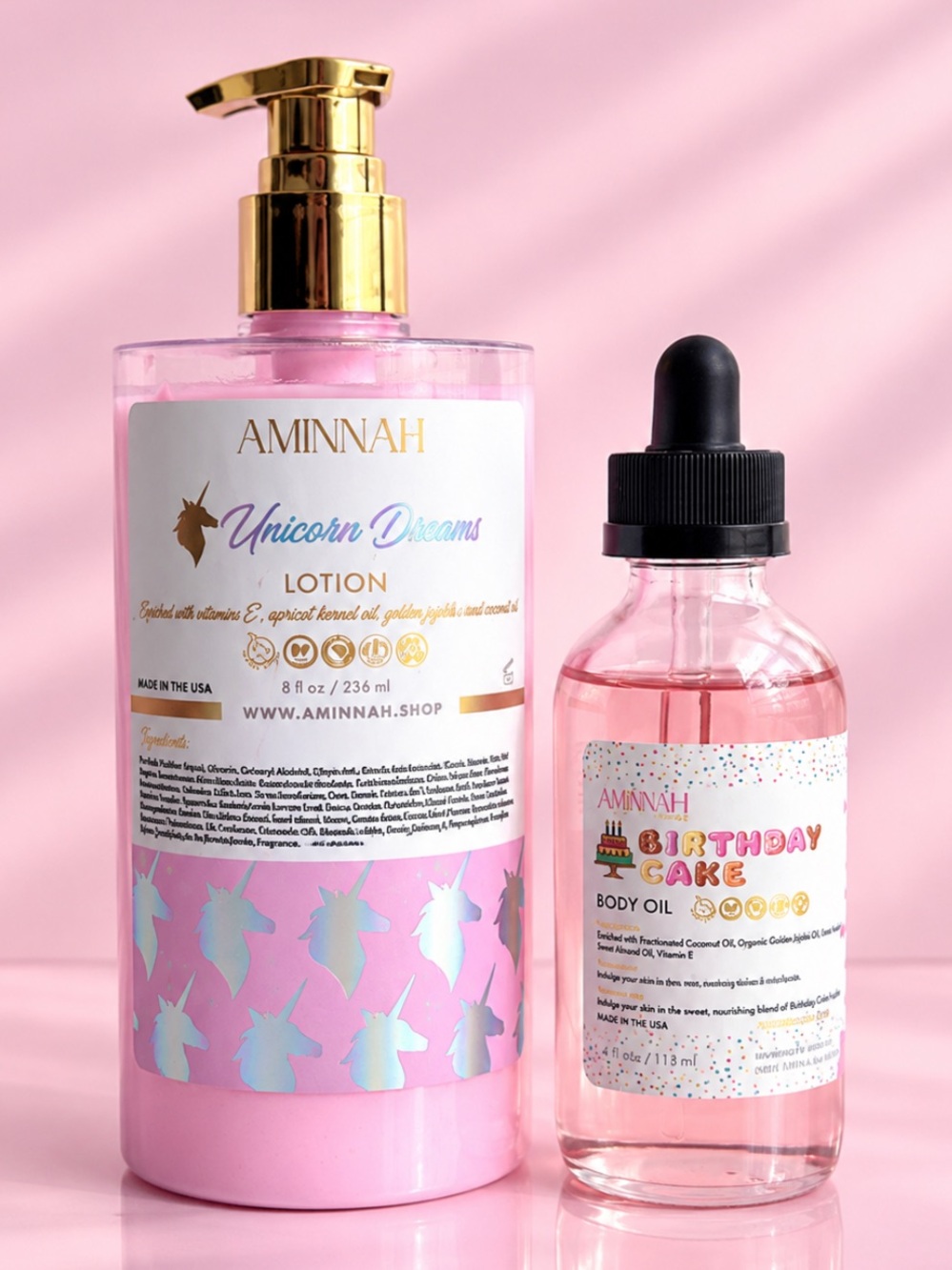 AMINNAH Unicorn Dreams Lotion & Birthday Cake Body Oil Set